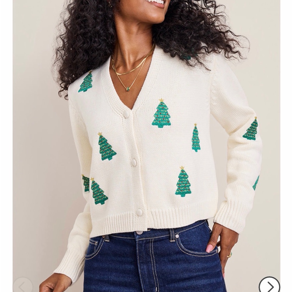 NWOT Festive Cream Cardigan with Green Tree Accents